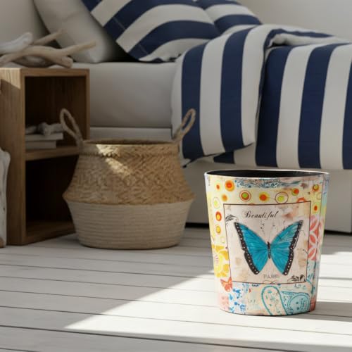 PU Leather Small Trash Can Wastebasket, Round Garbage Container Basket for Bathrooms, Laundry Room, Kitchens, Offices, Kids Rooms, Bedrooms,Dorms,Home Decorative Art Bin, 2.9 Gallon(Blue Butterfly)