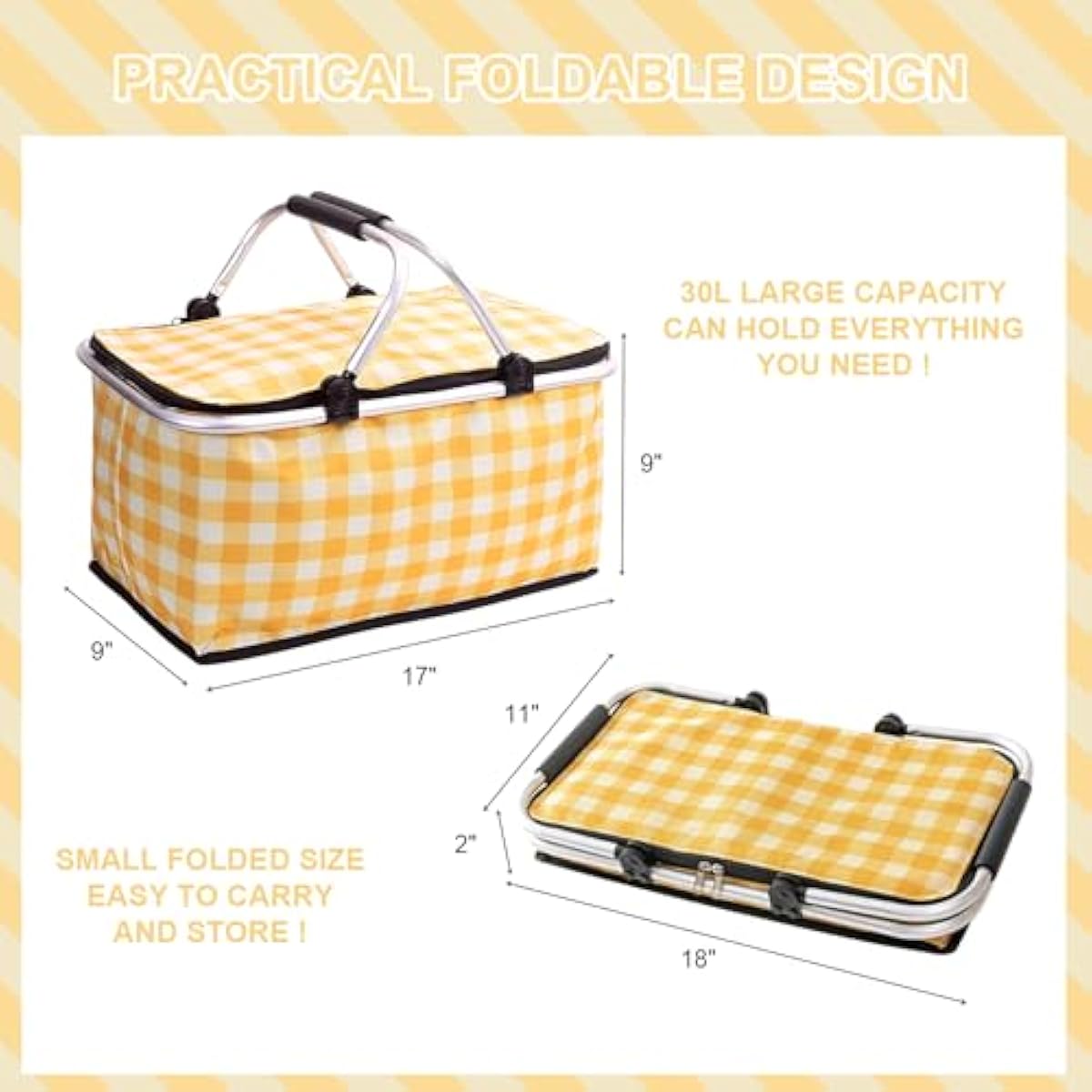Insulated Picnic Basket，Collapsible Picnic Basket，30L Large Market Basket with Lid，2 Sturdy Handles，Storage Basket for Picnic，for Food Delivery，Take Outs，Market Shopping，Travel(Yellow Grid)
