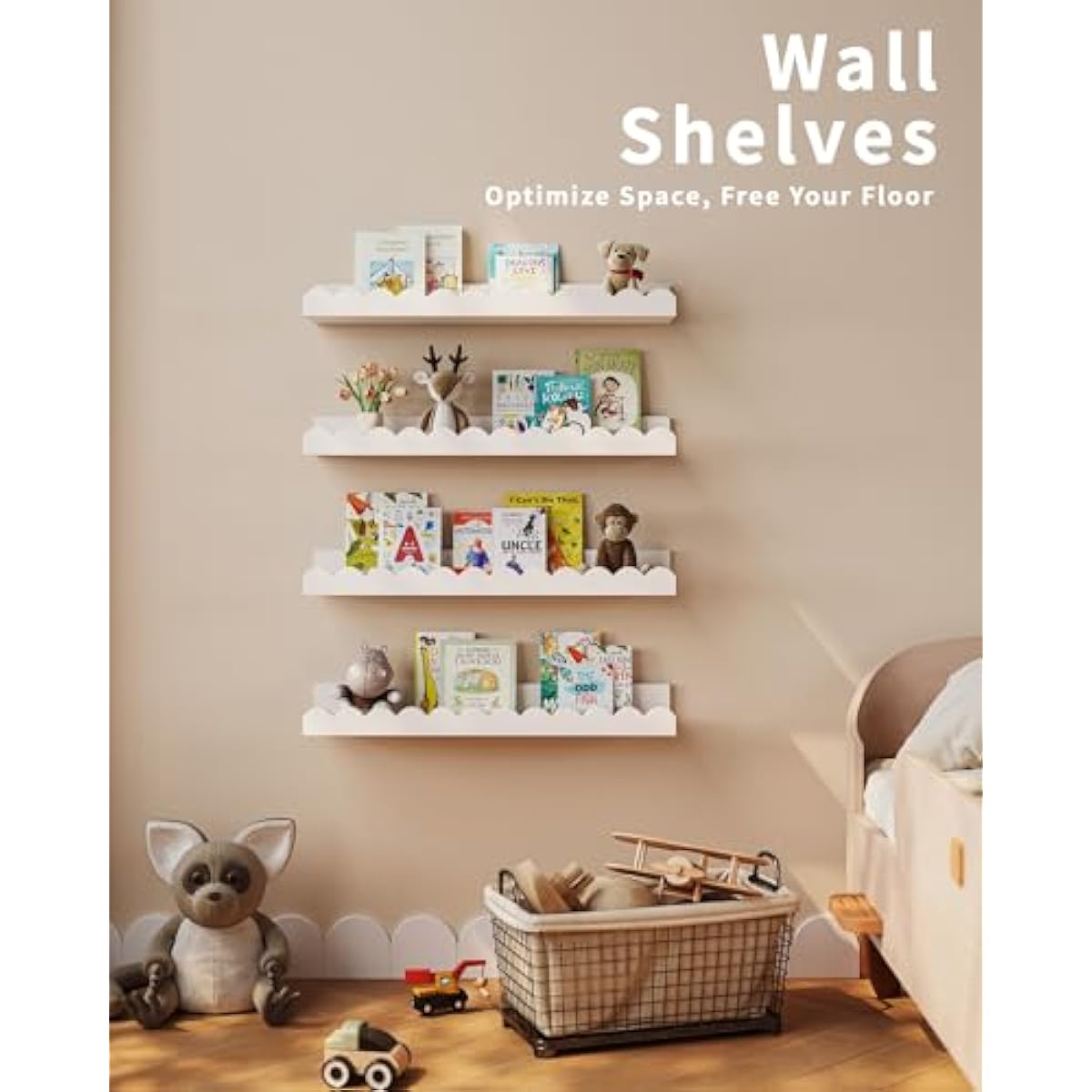 Shario Nursery Book Shelves, 4-Pack White Floating Shelves for Wall Kids, Scalloped Shelves, Wall Book Shelves for Bedroom Kids, Toddler Room, Baby Room, Nursery Decor
