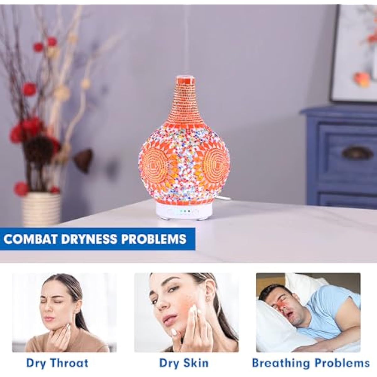 Mosaic Glass Essential Oil Diffuser,Tiffany Aromatherapy Diffuser Sunflower Pattern 100ml Turkish Moroccan Color Changing Aroma Ultrasonic Diffusers Cool Mist Air diffuser for Sleeping SPA Office Home