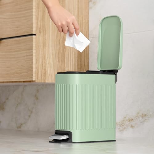 TrashAid Slim Bathroom Trash Can with Lid Soft Close, 6 Liter/1.6 Gallon Stainless Steel Small Garbage Can with Removable Inner Bucket, Step Pedal, Slim Wastebasket for Toilet, Office, Bedroom, Green