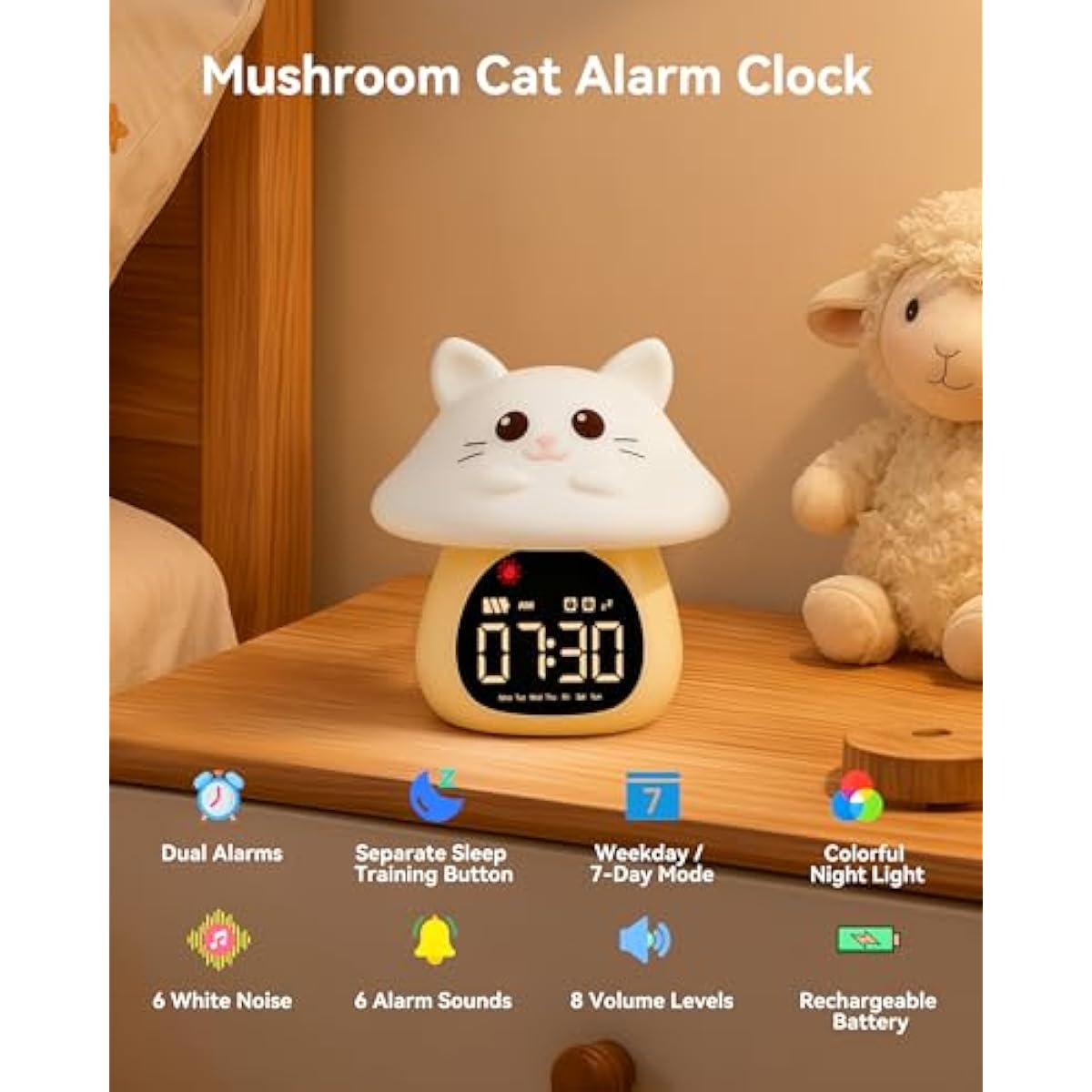 Yiliaw Sleep Training Alarm Clock with Night Light for Kids - Ok to Wake Clock with Dual Alarms, Night Light & RGB Colors, 6 Alarm Tones & White Noise, Rechargeable Clock for Boys & Girls, Cat