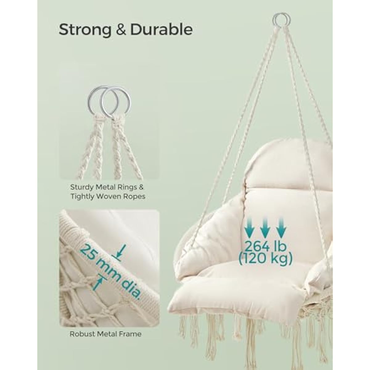 SONGMICS Hanging Chair, Hammock Chair with Large, Thick Cushion, Boho Swing Chair for Bedroom, Patio, Balcony, Garden, Holds up to 264 lb, Accessories Included, Cream White UGDC042M01