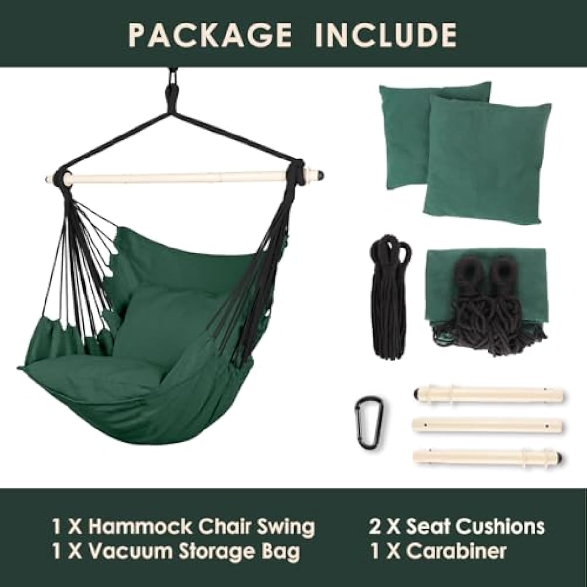 Highwild Hammock Chair Hanging Rope Swing - Max 500 Lbs - 2 Cushions Included - Steel Spreader Bar with Anti-Slip Rings - for Any Indoor or Outdoor Spaces (D- Cushions Included-Green)
