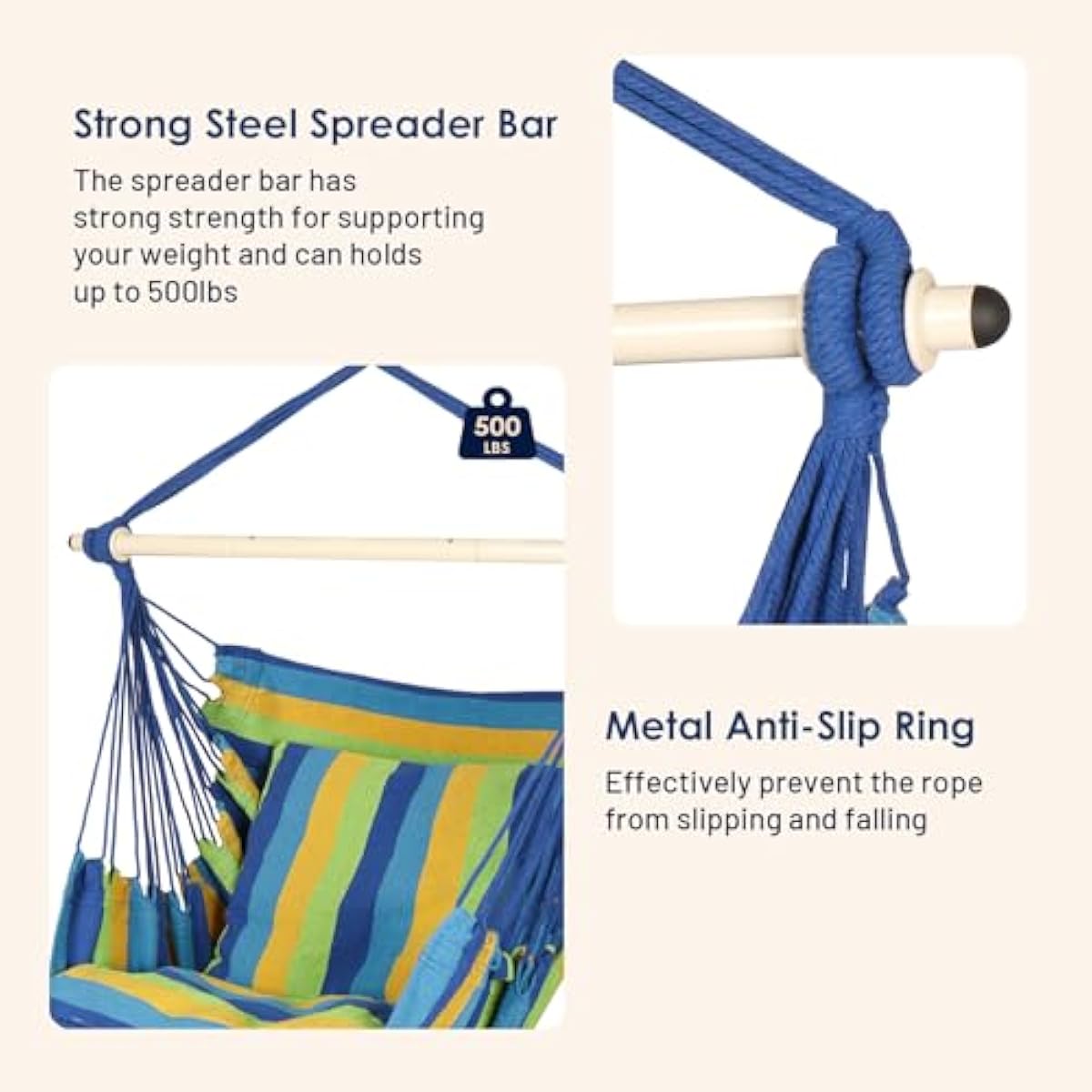 Highwild Hammock Chair Hanging Rope Swing - Max 500 Lbs - 2 Cushions Included - Steel Spreader Bar with Anti-Slip Rings - for Any Indoor or Outdoor Spaces (Blue Striped)