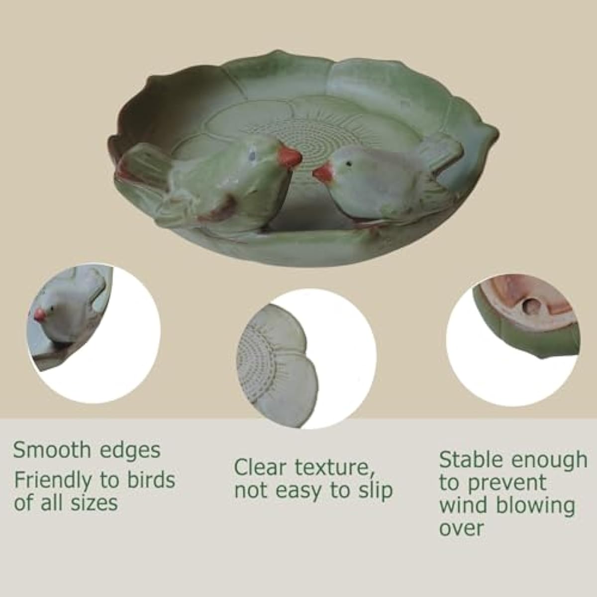 Ceramic Bird Bath for Outside on Ground, 9.45-Inch Birds Bath Bowl Only, Ground Bird Feeders and birdbath for Outdoors, Garden, Tabletop, Deck, Balcony and Lawn