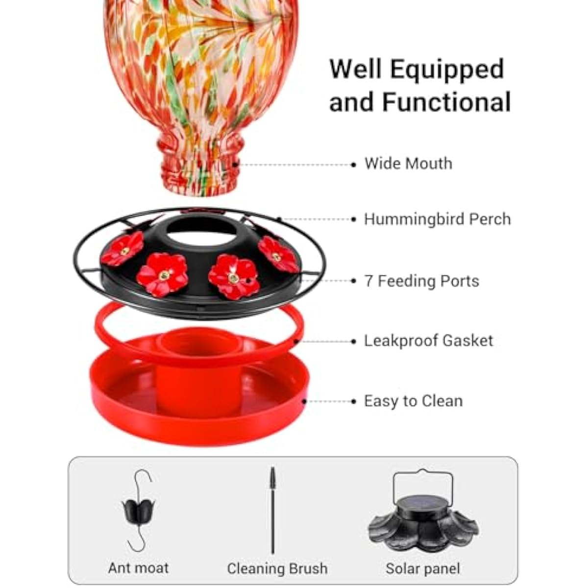 HouseSapp Solar Hummingbird Feeder - 49 fl.oz Hand Blown Glass Color Changing - 7 Feeding Ports with Perch - Never Leak - Perfect Hummingbird Feeder