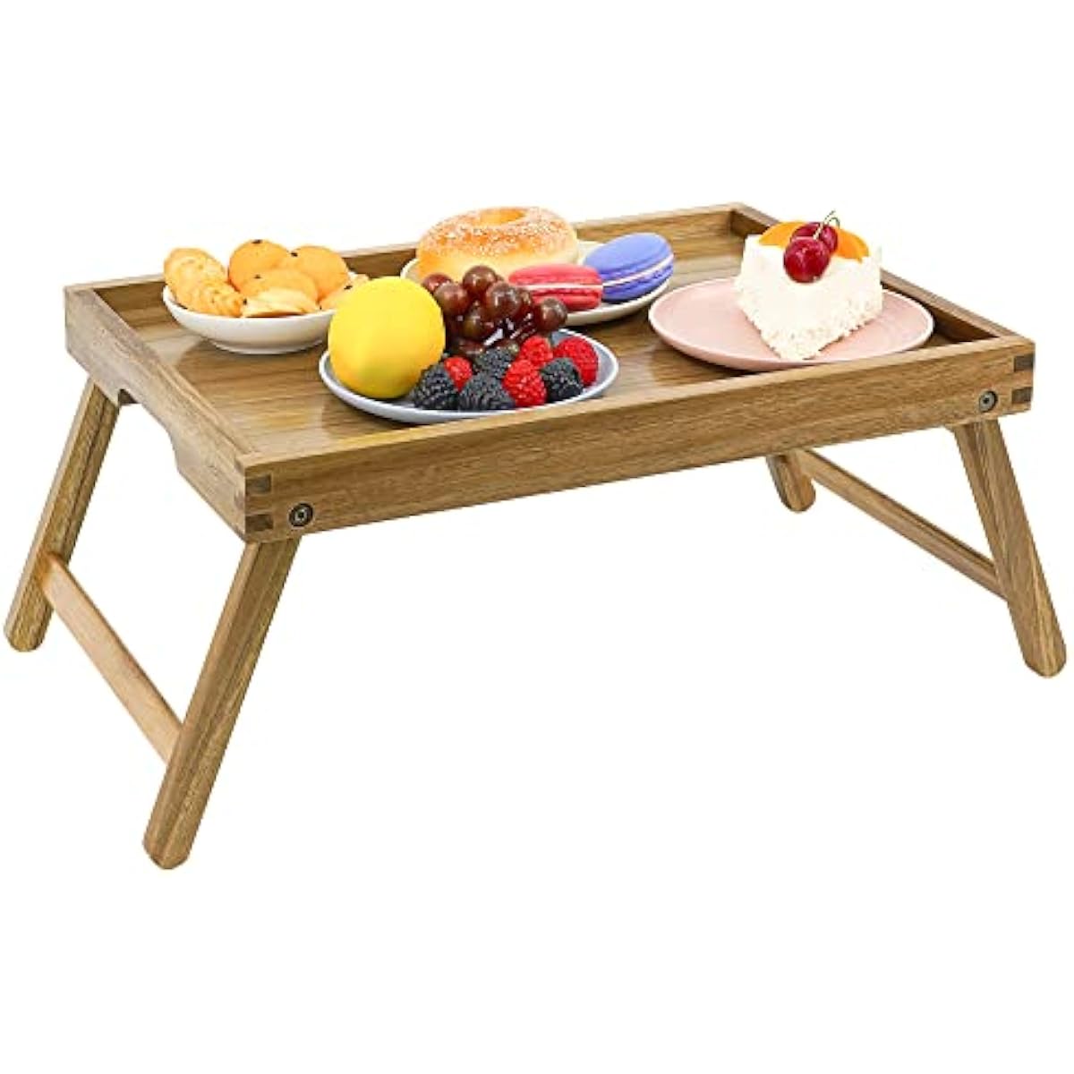 VaeFae Acacia Bed Table Tray, Wooden Breakfast Tray with Folding Legs, Bed Tray for Eating and Laptop, Eating Trays for Bedroom