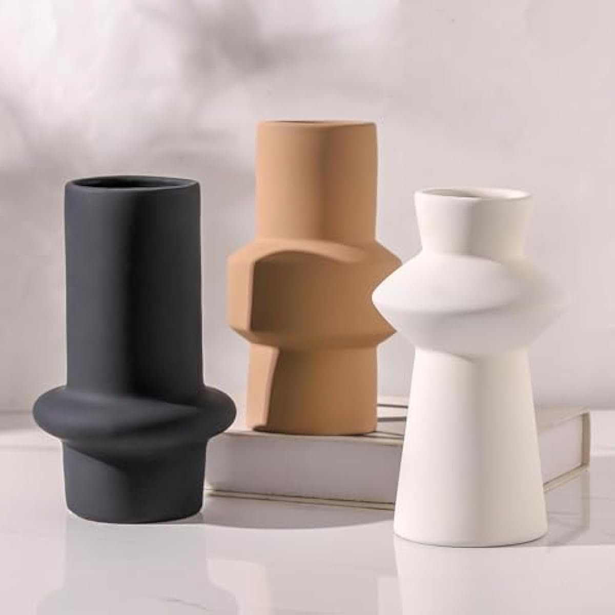 Modern Ceramic Vase Set of 3, 8 inch Simple Geometric Lines Vase for Pampas Grass Dried Fresh Flowers, Home Decor, Bedroom, Living Room, Bookshelf Decoration, Neutral Minimalist Nordic Style