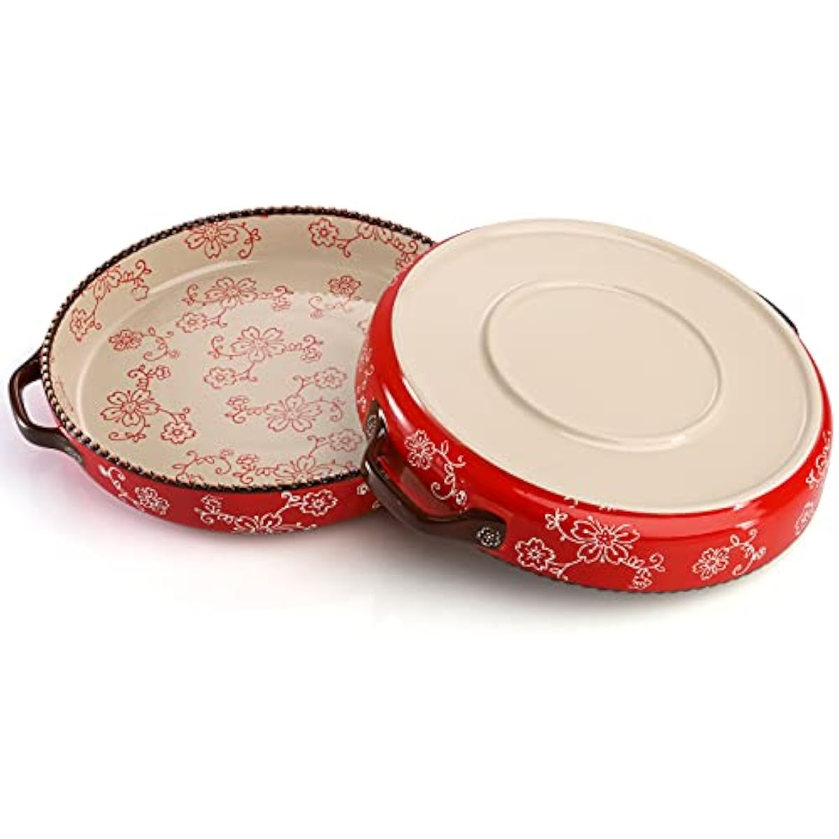 AVLA 2 Pack Ceramic Pie Pan, 9 Inch Round Baking Dish with Double Handle, 28 Ounce Deep Quiche Plate for Kitchen, Cooking, Roasting Lasagna (Sakura, Red)