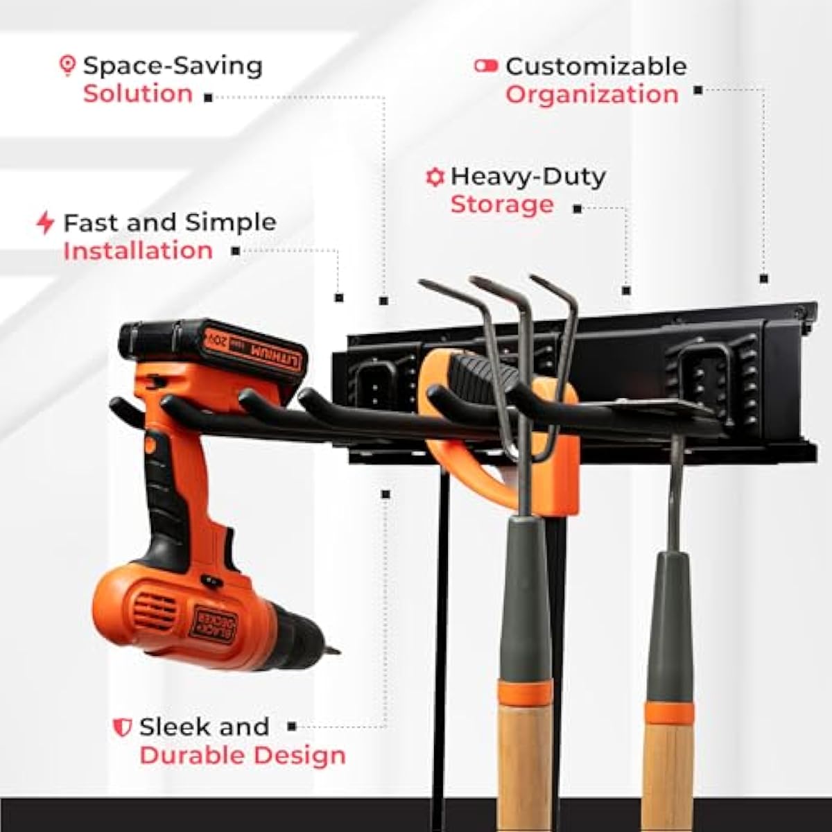 TIDYME Garage Tool Organizer Wall Mount - 48 inches - Sturdy Storage Rack with Adjustable Hooks, Anti-Rust - Easy Installation, 300lbs Capacity - Garden Tool Organizer (03 Racks & 06 Hooks)