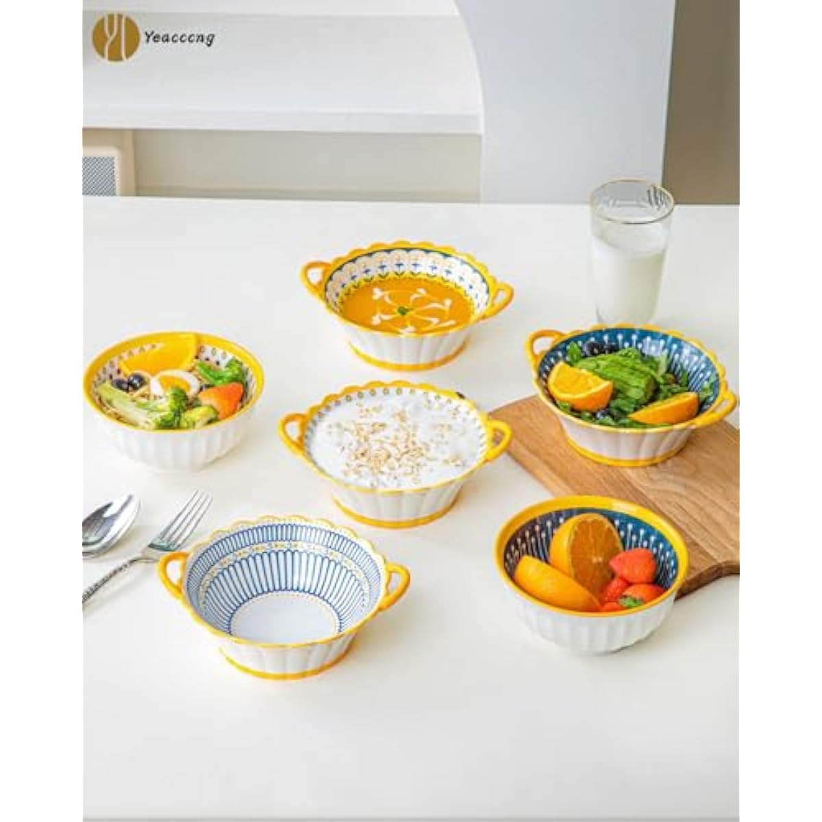 Yeacccng Bohemian Soup Bowls with Handles Set of 4, 20 Oz Indented Grooved Ceramic Bowls, 6.5 Inch French Onion Soup Bowls, Lead-Free, Scratch-Resistant, Oven/Microwave Safe