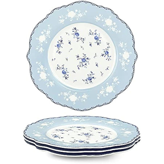 fanquare 8 Inch Porcelain Dessert Plates Set of 4, Lace Serving Bowls Set for Salad, Soup, Pasta, Snack, Blue Roses