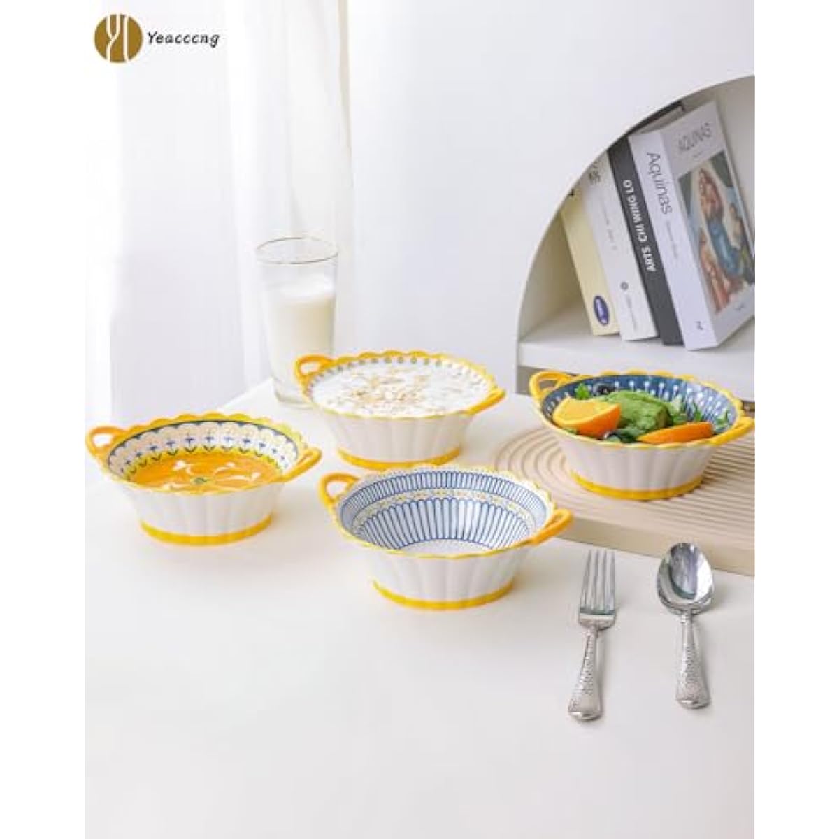 Yeacccng Bohemian Soup Bowls with Handles Set of 4, 20 Oz Indented Grooved Ceramic Bowls, 6.5 Inch French Onion Soup Bowls, Lead-Free, Scratch-Resistant, Oven/Microwave Safe