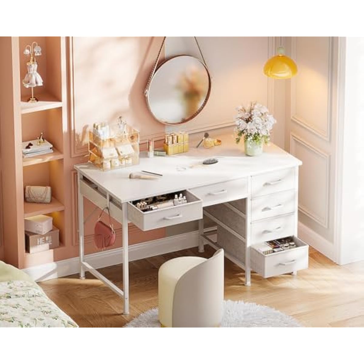ODK Computer Desk with 6 Drawers, 40 Inch Small Desk with Storage, Reversible Desk with Headphone Hook for Home Office, Work Study Table for Bedroom, White