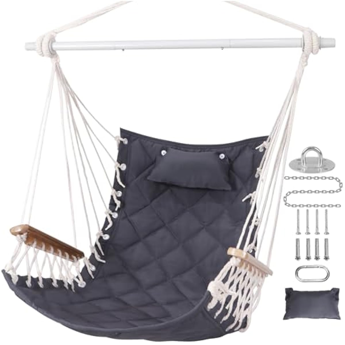 Hammock Chair Hanging Swing with Wooden Armrest;Steel Spreader Bar,Pillows,Hardware kit Included;Cotton Woven Fabric;Up to 350 Lbs,for Indoor or Outdoor