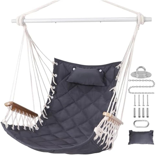 Hammock Chair Hanging Swing with Wooden Armrest;Steel Spreader Bar,Pillows,Hardware kit Included;Cotton Woven Fabric;Up to 350 Lbs,for Indoor or Outdoor