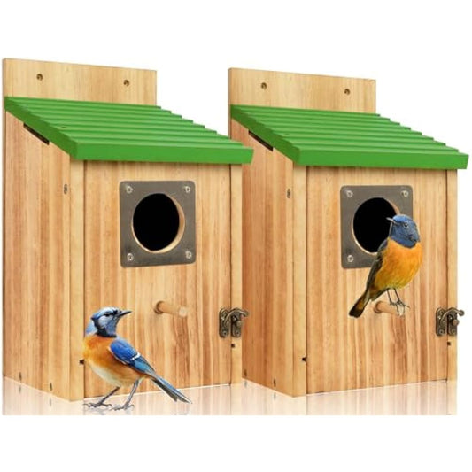 2 Pack Bird Houses for Outside - Cedar Bluebird Houses with Metal Predator Guard, Birdhouse for Wren Bluebirds Finches Swallows, Carbonized Wooden