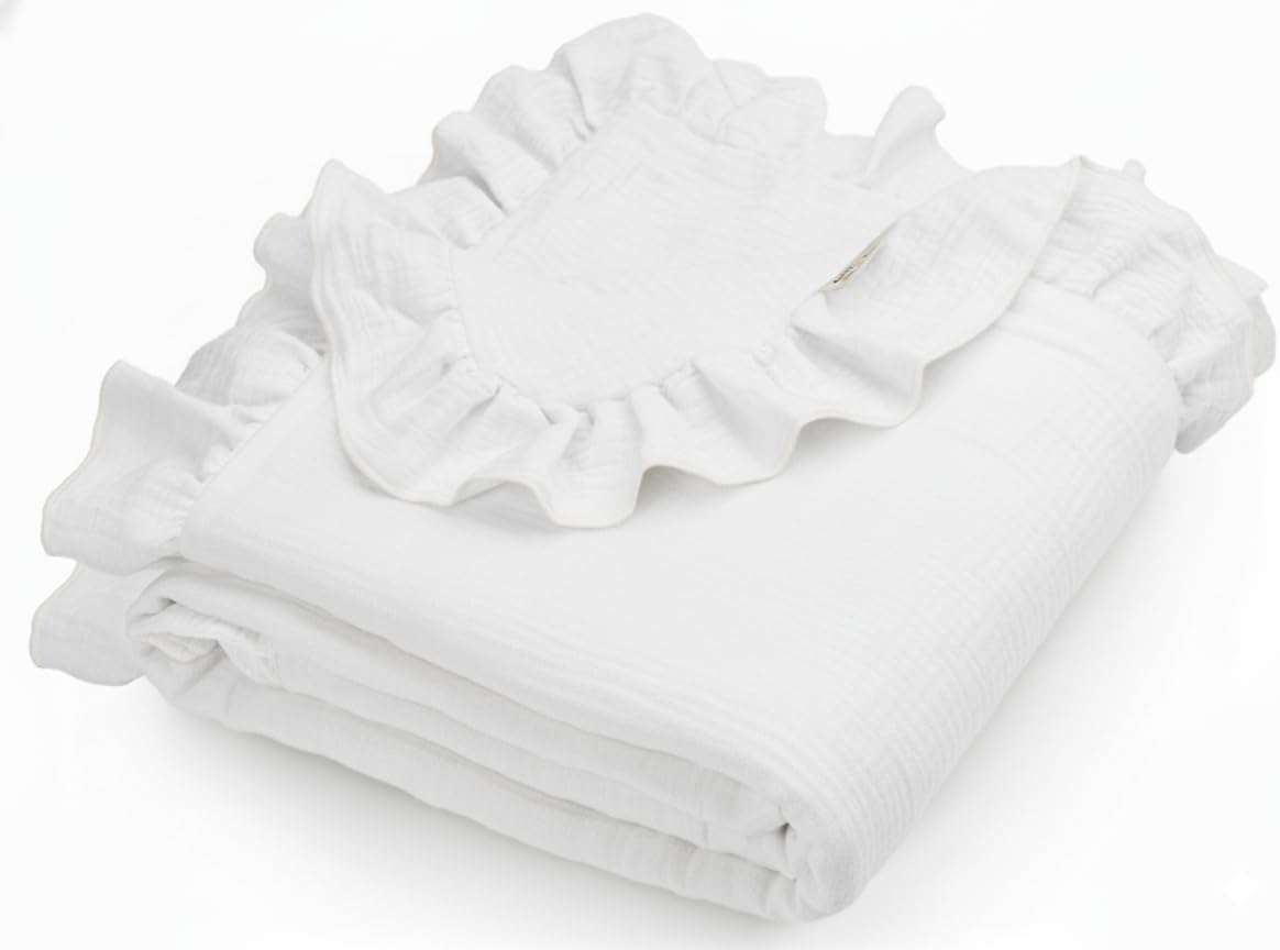 Muslin Ruffled Baby Blanket, Extra Large 52 x 52 Inches, Soft Breathable Cotton Crib Blanket for Newborn Infant Toddler (Hoppy Dreams-Ruffled, Printed)