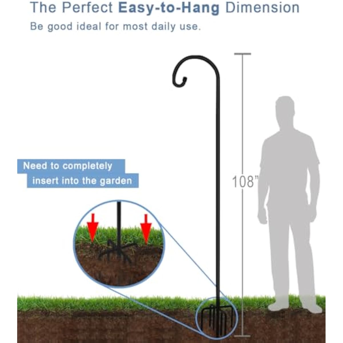 Artigarden 108 inch Outdoor Shepherd Hook with 7 Prong Base (1 Pack), Adjustable Heavy Duty Garden Hanging Stake for Bird Feeder Solar Light Plant Hanger Wedding Decor, Matte Black