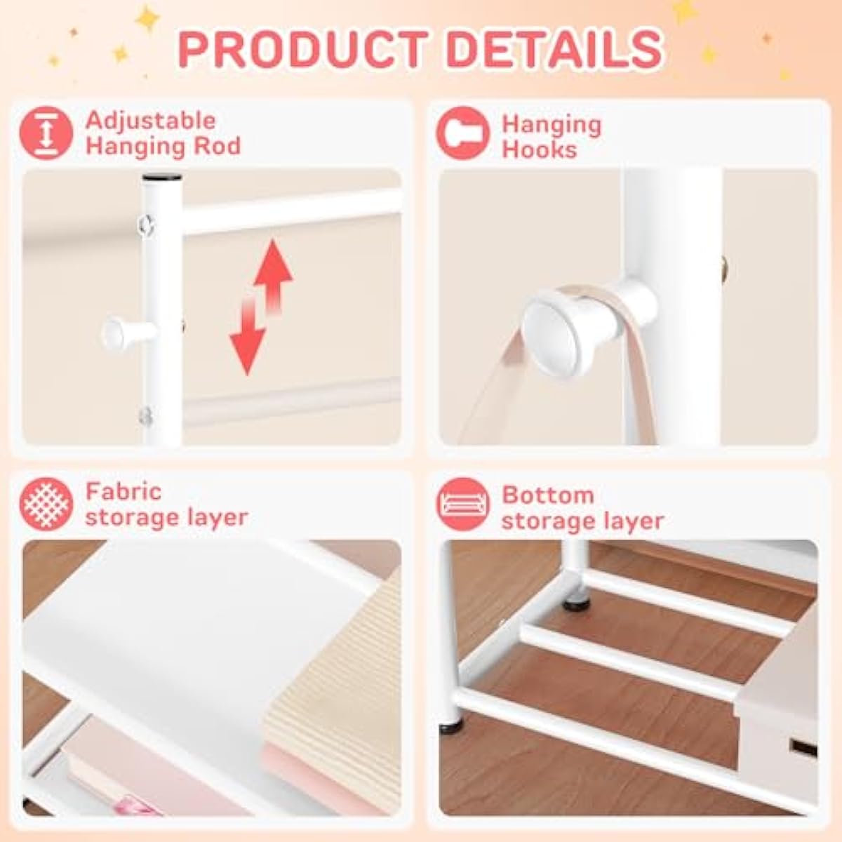 Kids Clothing Rack with 2-Layer Storage Shelf and 2 Adjustable Hanging Rods, Dress Up Rack for Hanging Clothes,Dress up Storage for Baby Toddle Kids(Classic, White)