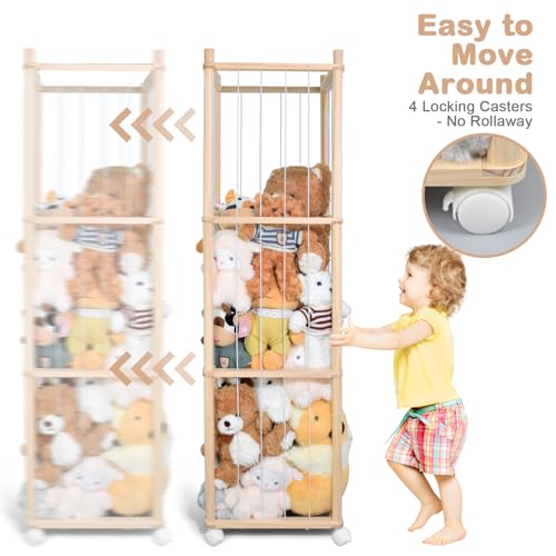 Stuffed Animal Storage, Wood Stuffed Animal Zoo Storage with Brake Wheels, Space Save Toy Organizer, Large Capacity Stuffed Animal Holder, Perfect for Nursery Playroom Kidroom Bedroom-54.3 Inch