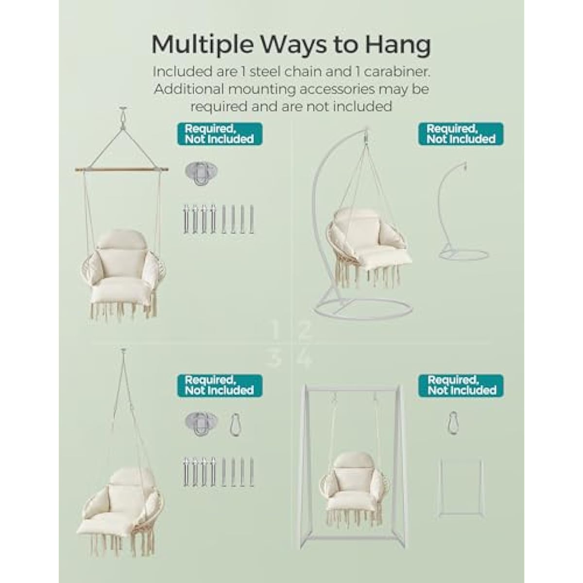 SONGMICS Hanging Chair, Hammock Chair with Large, Thick Cushion, Boho Swing Chair for Bedroom, Patio, Balcony, Garden, Holds up to 264 lb, Accessories Included, Cream White UGDC042M01