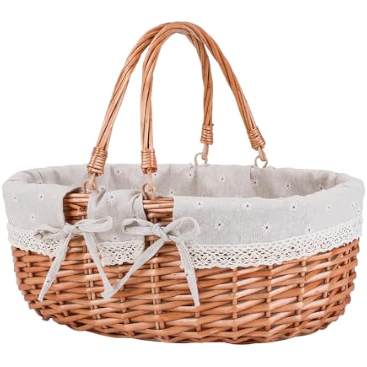 Large Wicker Picnic Basket with Handles,Handle Sturdy Woven Body with Removable and Washable Lining,Outdoor Camping,Gift Packing,Garden Picking, Storage.White Flower