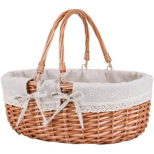Large Wicker Picnic Basket with Handles,Handle Sturdy Woven Body with Removable and Washable Lining,Outdoor Camping,Gift Packing,Garden Picking, Storage.White Flower