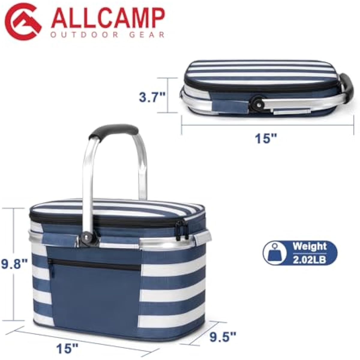 ALLCAMP Picnic Basket - Insulated Cooler, Thickening Foldable Picnic Basket with Removable Baskets & Sewn-in Frame, Basket for House Warming Gifts New Home(Blue White)