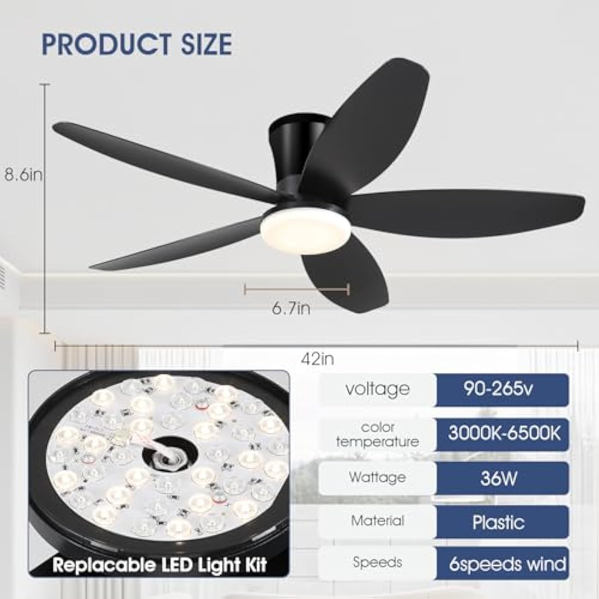 42" Ceiling Fans with Lights-Low Profile Ceiling Fan with Light and Remote/APP Control,Flush Mount,DC Reversible,LED Dimmable Blakc Ceiling Fans for Bedroom,Indoor/Outdoor Patio Use