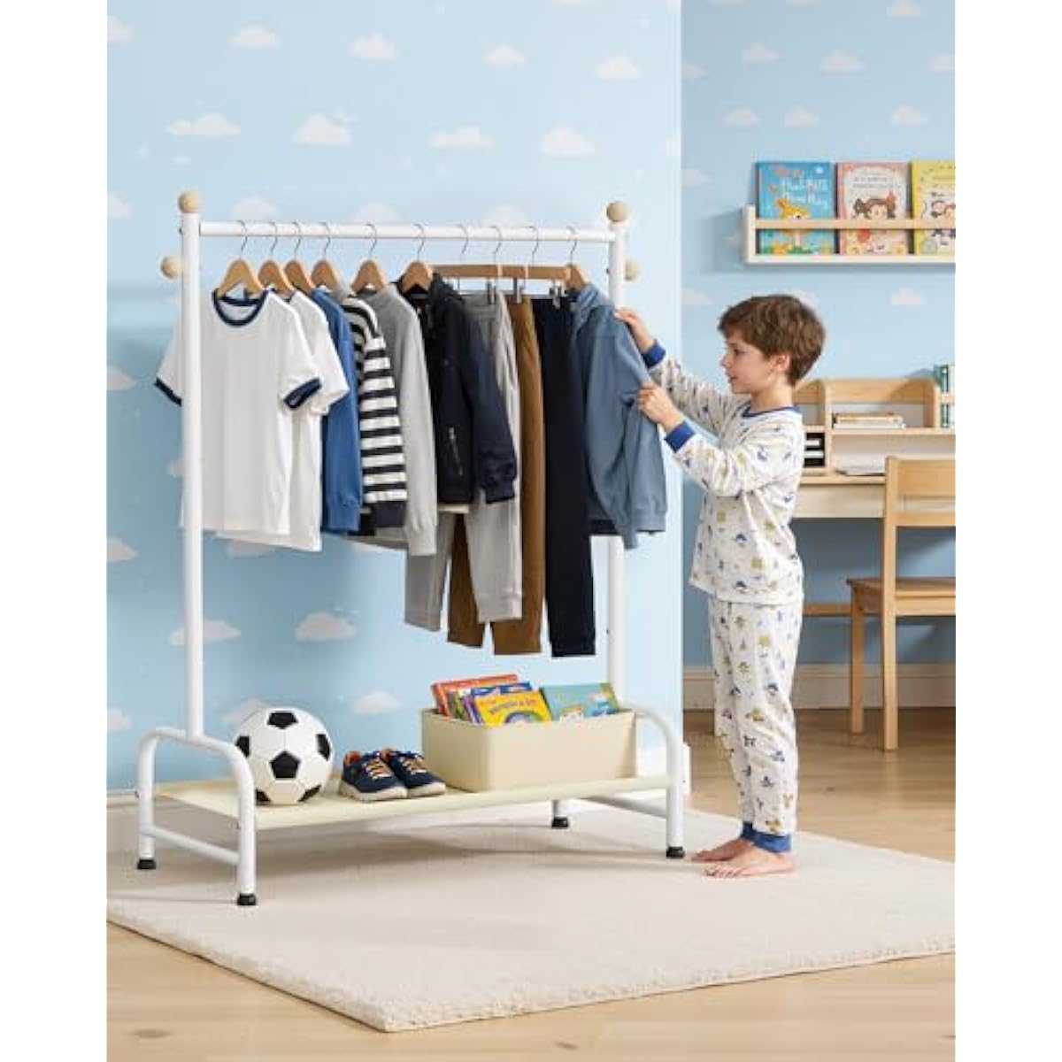 Clothes Rack - Sturdy Metal Kids Clothing Rack with Bottom Storage Shelf & Adjustable Feet, Dress Up Storage for Toddler's Bedrooms, Nurseries, Playrooms, 31" x 12.5" x 47.8", White
