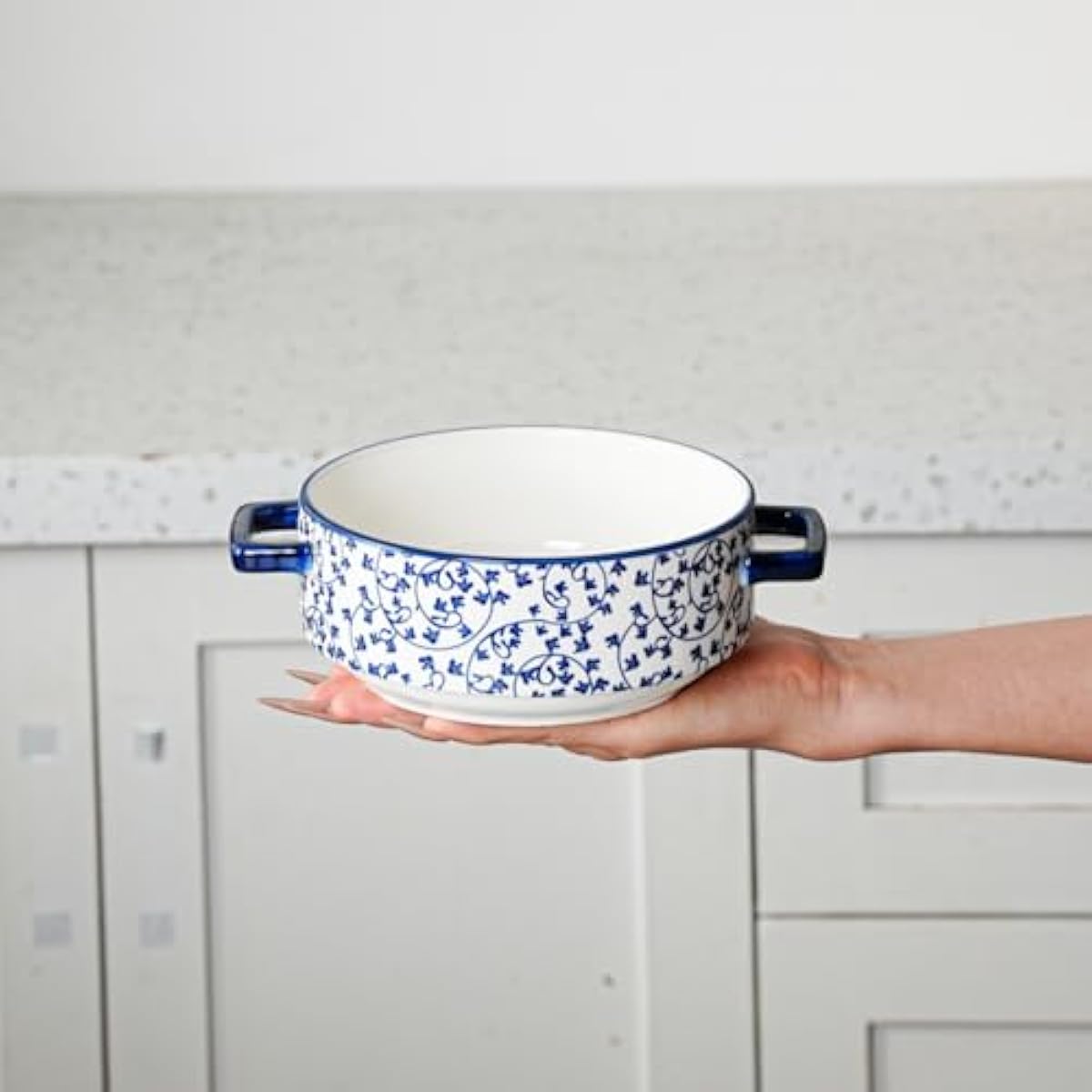 Soup Bowls with Handles - 24oz Ceramic French Onion Soup Crocks Serving Bowls for Pasta Cereal Beef Stew Pot Pies Casserole - Oven Microwave Dishwasher Safe - Set of 4, Blue