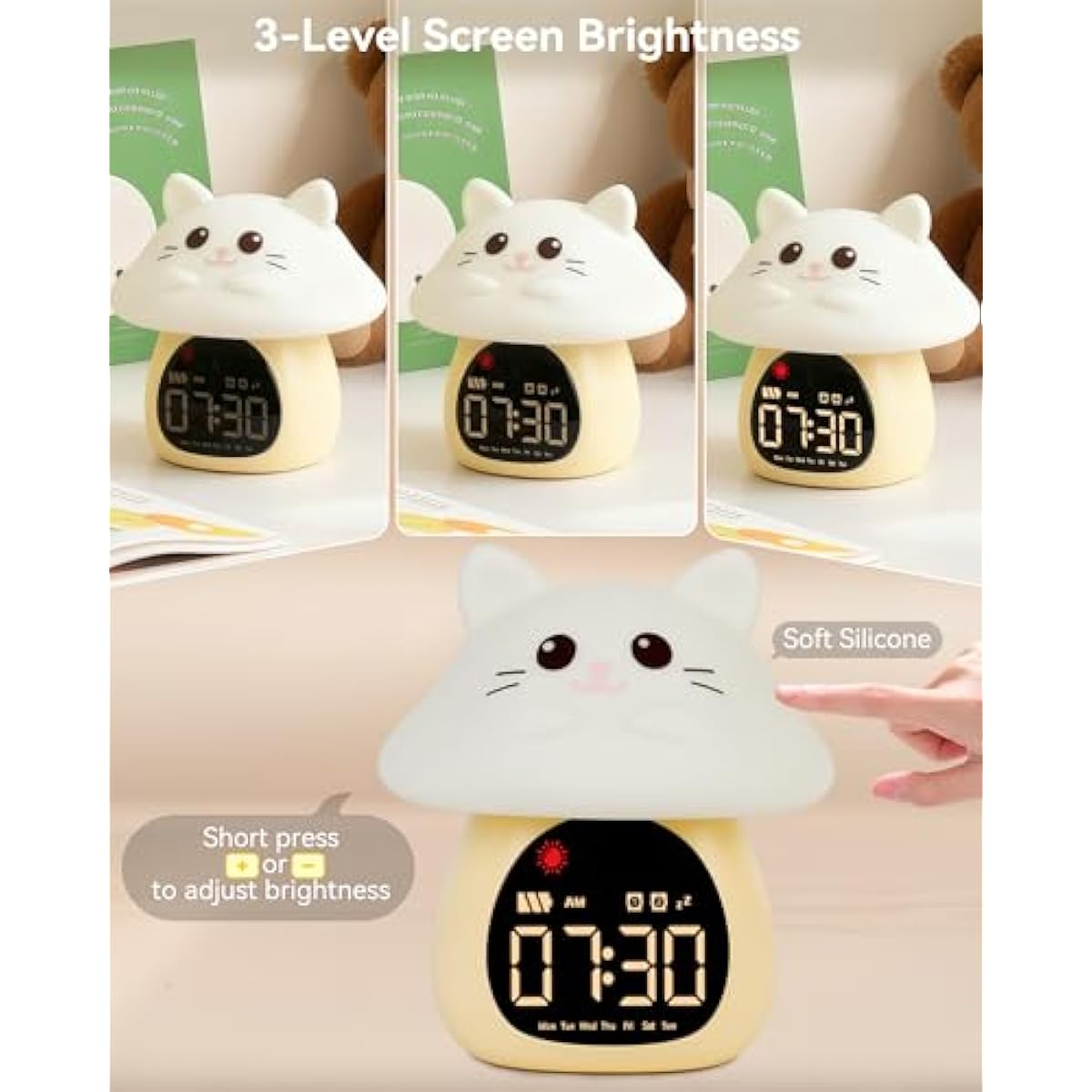 Yiliaw Sleep Training Alarm Clock with Night Light for Kids - Ok to Wake Clock with Dual Alarms, Night Light & RGB Colors, 6 Alarm Tones & White Noise, Rechargeable Clock for Boys & Girls, Cat