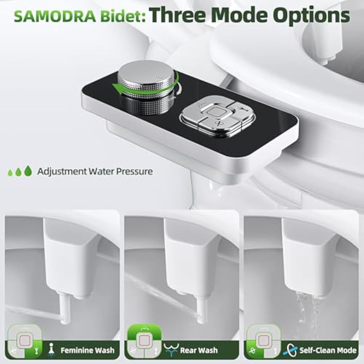 SAMODRA Bidet Attachment, Non-Electric Cold Water Bidet Toilet Seat Attachment with Pressure Controls, Retractable Self-Cleaning Dual Nozzles for Frontal & Rear Wash - Black