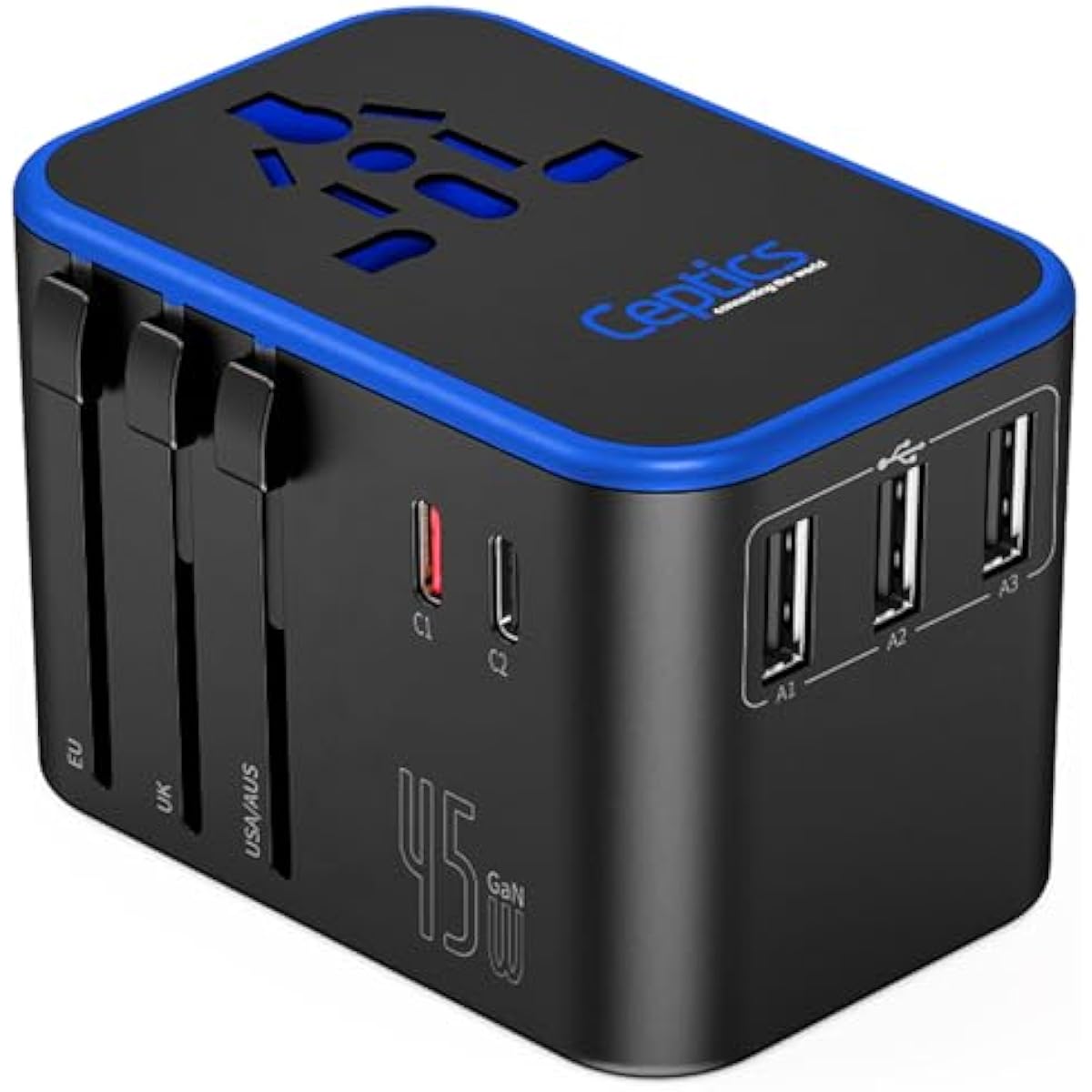 Ceptics Universal Travel Adapter, 45W International Power Adapter with PD & QC 3.0 Dual USB-C, 3 USB Travel Adapter Worldwide, Type I C G A Outlets 110V 220V A/C - EU Euro US UK (11-KU)
