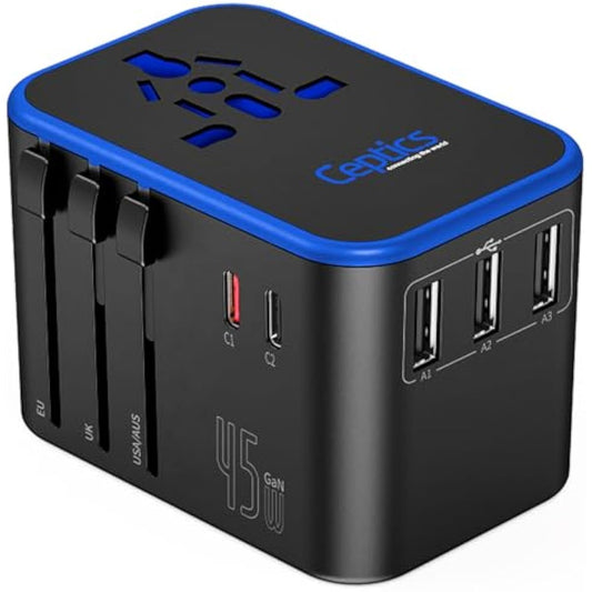 Ceptics Universal Travel Adapter, 45W International Power Adapter with PD & QC 3.0 Dual USB-C, 3 USB Travel Adapter Worldwide, Type I C G A Outlets 110V 220V A/C - EU Euro US UK (11-KU)