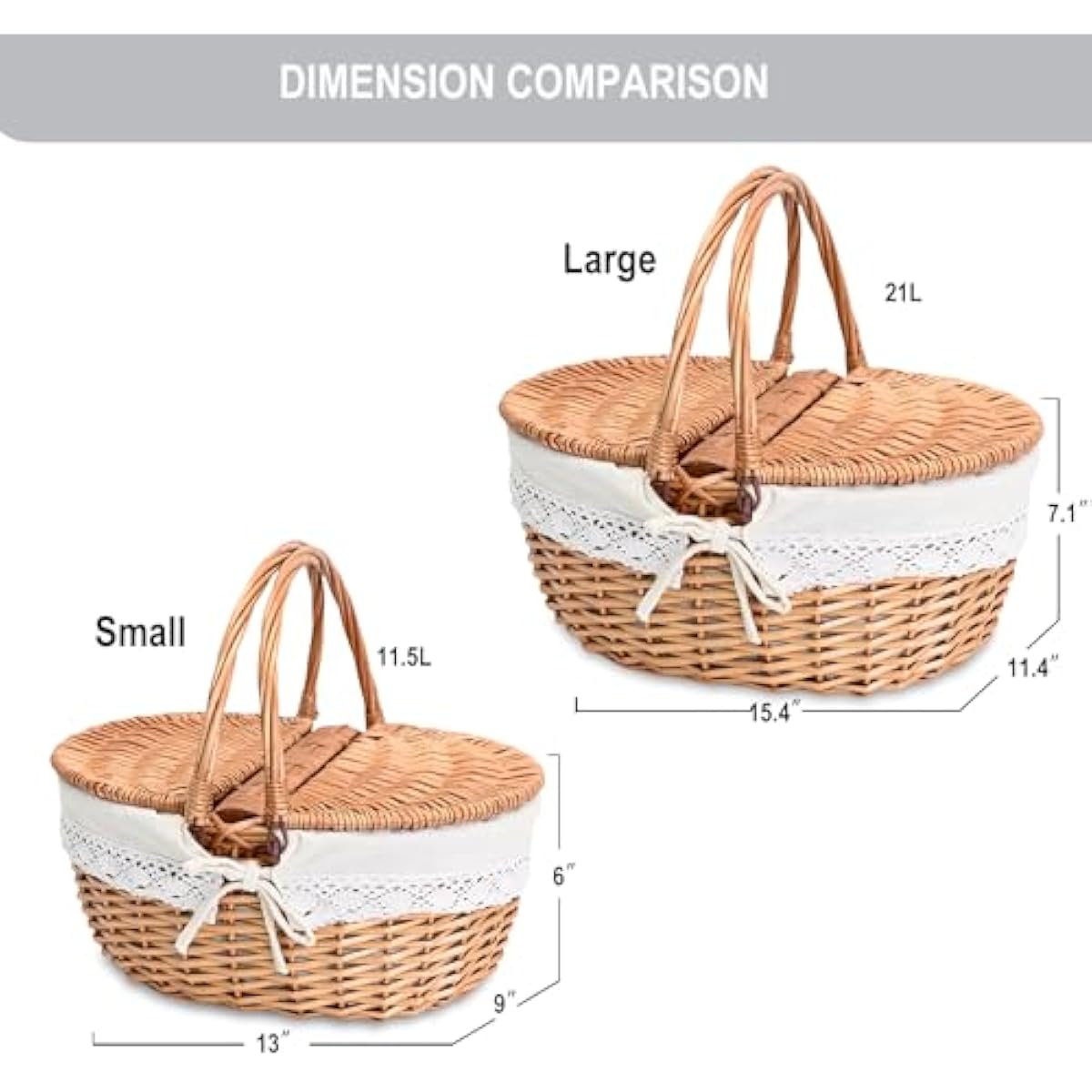 Wicker Picnic Basket with Removable Liner Empty Picnic Baskets with Lid, Picnic Hamper with Foldable Handles for Picnic 2, Natural Color, Large