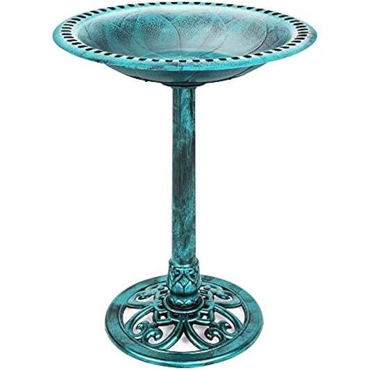 Best Choice Products 28in Pedestal Bird Bath, Vintage Outdoor Resin Accent Decoration w/Fleur-de-Lis Accents - Green