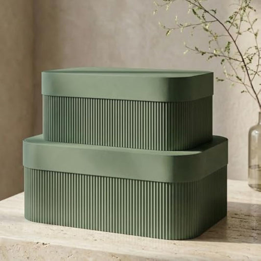 Decorative Storage Boxes with Lids – Set of 2 Beautiful Fluted Cardboard Organizer Bins for Your Home Bookshelf Decor to Safely Store Your Documents, Memory Box Items and Other Keepsakes in Style