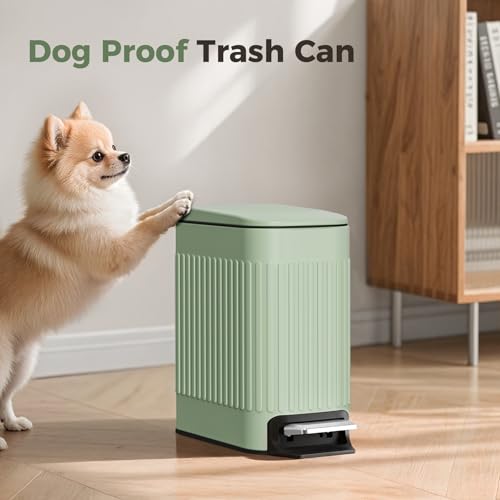 TrashAid Slim Bathroom Trash Can with Lid Soft Close, 6 Liter/1.6 Gallon Stainless Steel Small Garbage Can with Removable Inner Bucket, Step Pedal, Slim Wastebasket for Toilet, Office, Bedroom, Green