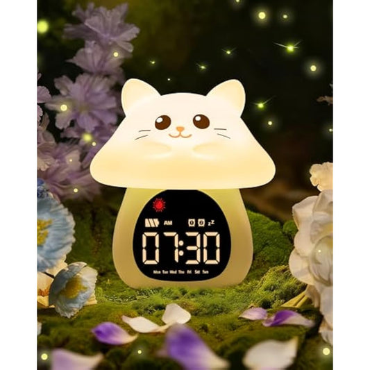 Yiliaw Sleep Training Alarm Clock with Night Light for Kids - Ok to Wake Clock with Dual Alarms, Night Light & RGB Colors, 6 Alarm Tones & White Noise, Rechargeable Clock for Boys & Girls, Cat