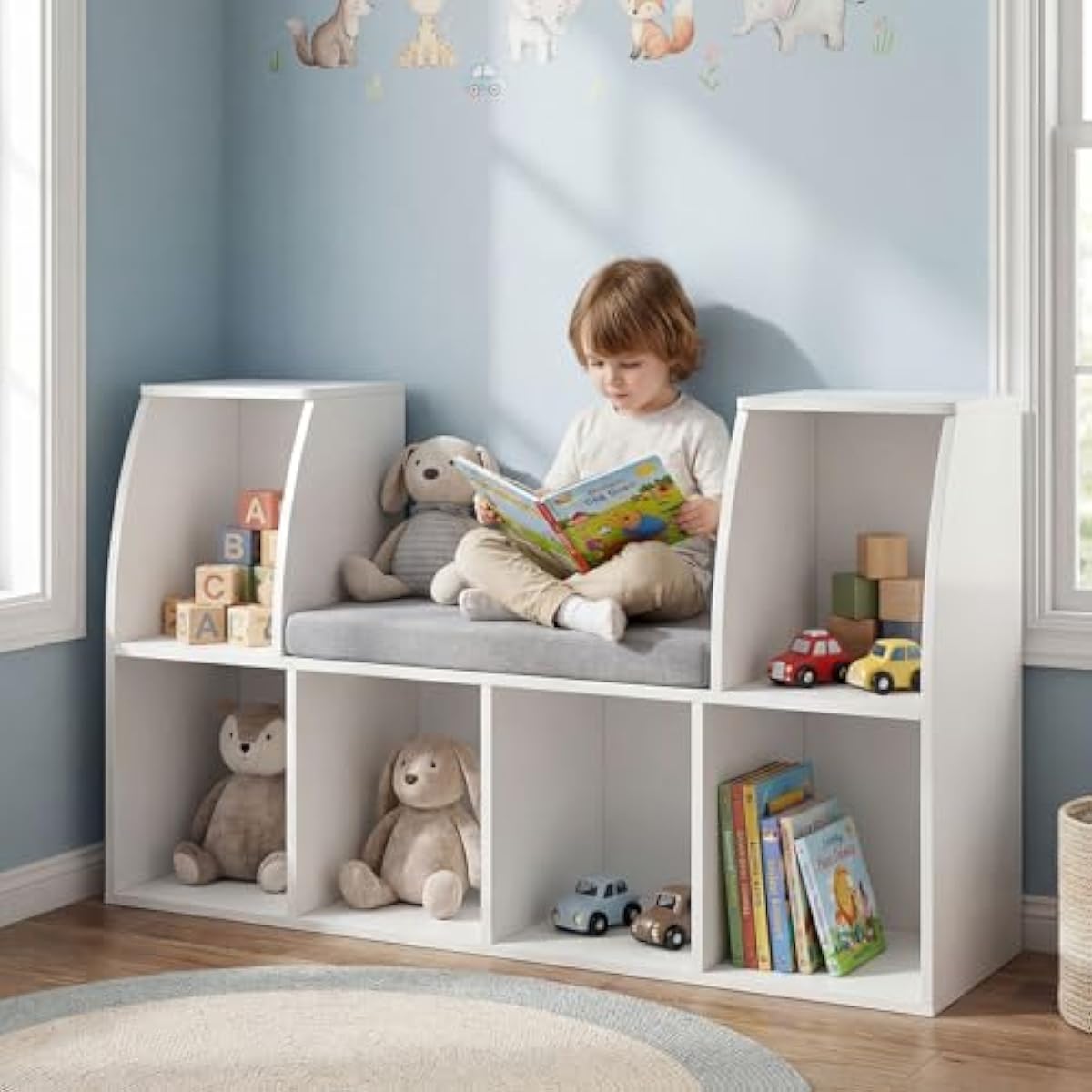 Costzon Kids Bookshelf with Reading Nook, 6 Cubby Bookcase with Soft Seat Cushion, Wooden Toy Storage Organizer with Bench, Book Shelf for Kids Room, Playroom, Nursery, Daycare