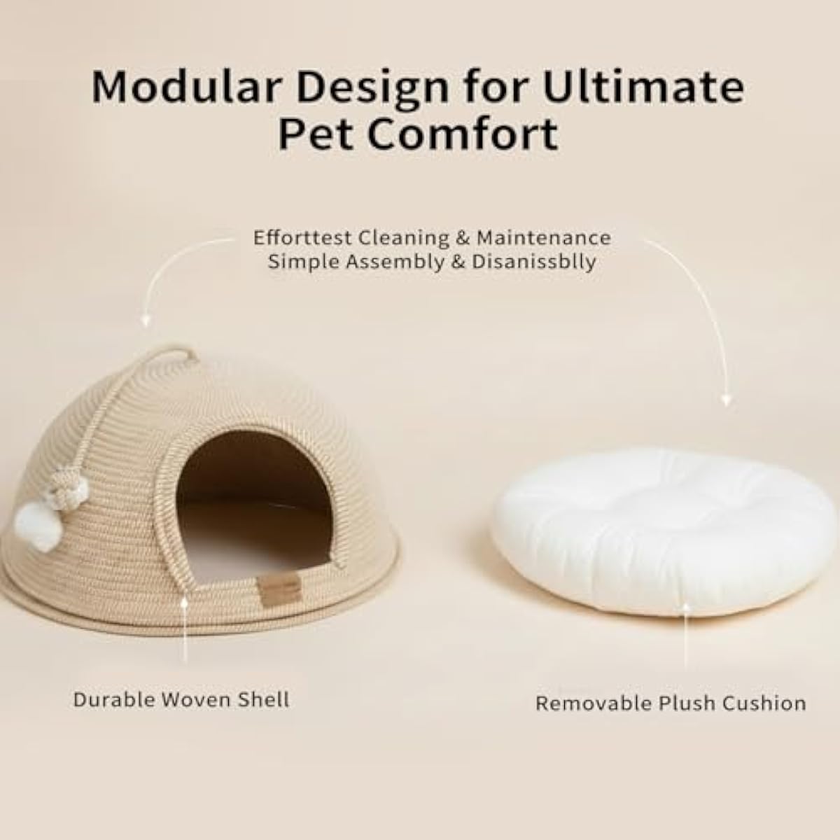 CHEERPALS Cat Cave Bed for Indoor Cats, 3 in 1 Cat House with Washable Cushion and Ball, Scratcher Bed, Cute Rope Bed for Kittens and Large Cat(White)