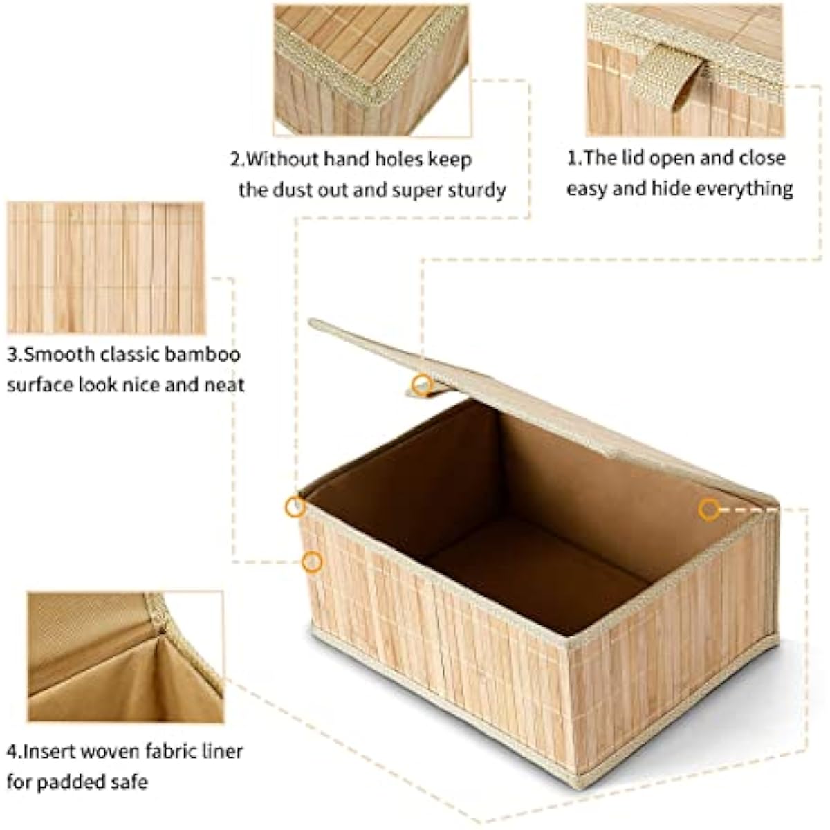 Honygebia Bamboo Decorative Storage Boxes - Set of 3 Woven Lined Storage Basket with Lids, Beige Wicker Lidded Baskets for Home Kitchen Shelf Organizer Decor