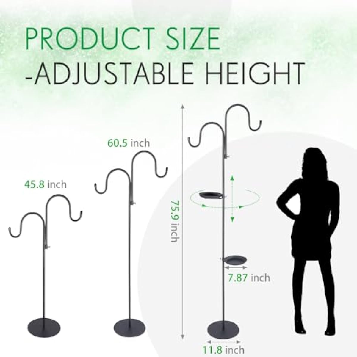 1 Set Upgraded 75.9" Shepherds Hook for Bird Feeder, Hanging Plant Wind Chime Stand, Metal Adjustable Standing Pole Holder for Indoor Outdoor, with 2 Rack & Weight Bag (Classic 2 Hooks)