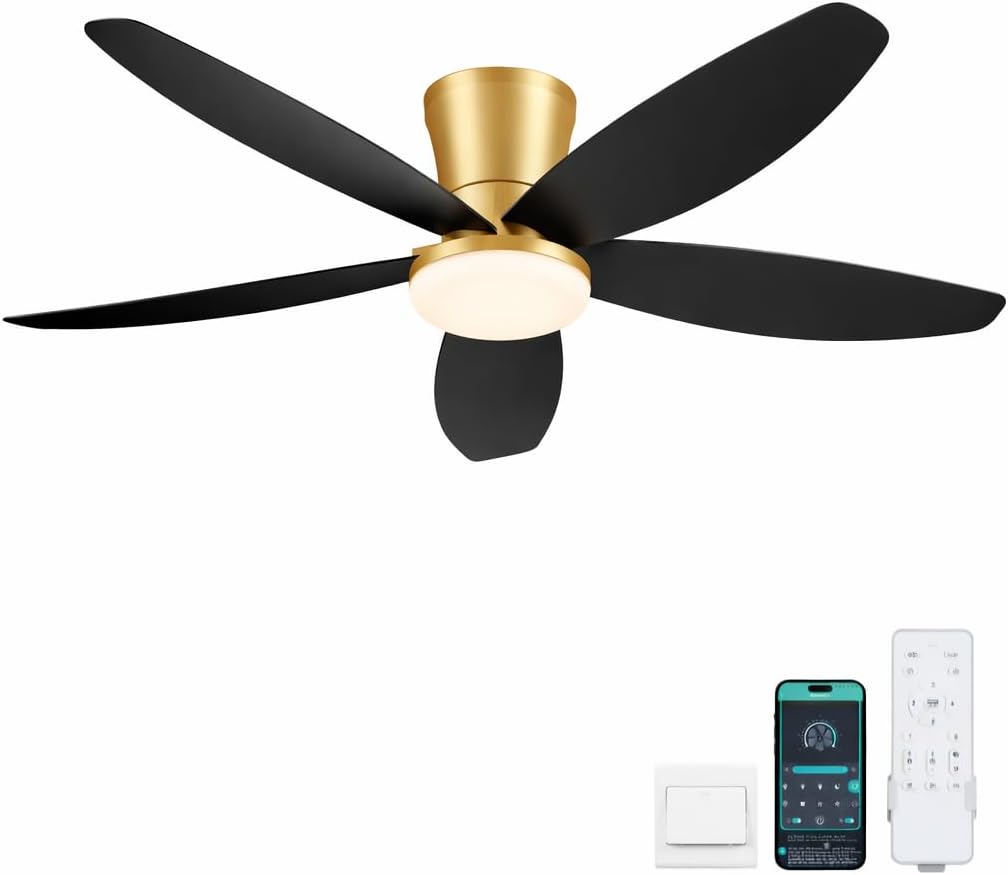 42" Ceiling Fans with Lights-Low Profile Ceiling Fan with Light and Remote/APP Control,Flush Mount,DC Reversible,LED Dimmable Blakc Ceiling Fans for Bedroom,Indoor/Outdoor Patio Use
