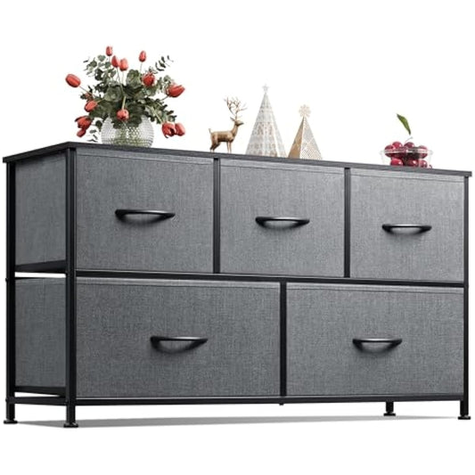 WLIVE Dresser for Bedroom with 5 Drawers, Wide Chest of Drawers, Fabric Dresser, Storage Organizer Unit with Fabric Bins for Closet, Living Room, Hallway, Dark Grey