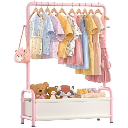 Kids Clothing Rack with Storage Shelf, Kids Dress Up Storage for Coats, Small Baby Garment Rack for Hanging Clothes, Toddler Wardrobe Closet Organizer (Classic, Pink)