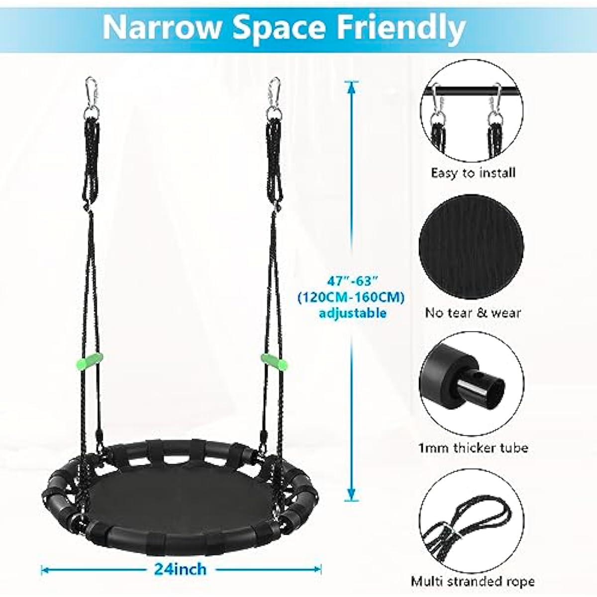 Tree Swing with PP Mat - Durable, Safe, and Easy to Install,Black Outdoor Saucer Swing,Flying Saucer Web Circle Swing for Yard Garden Playground Park (24 inches Diameter)